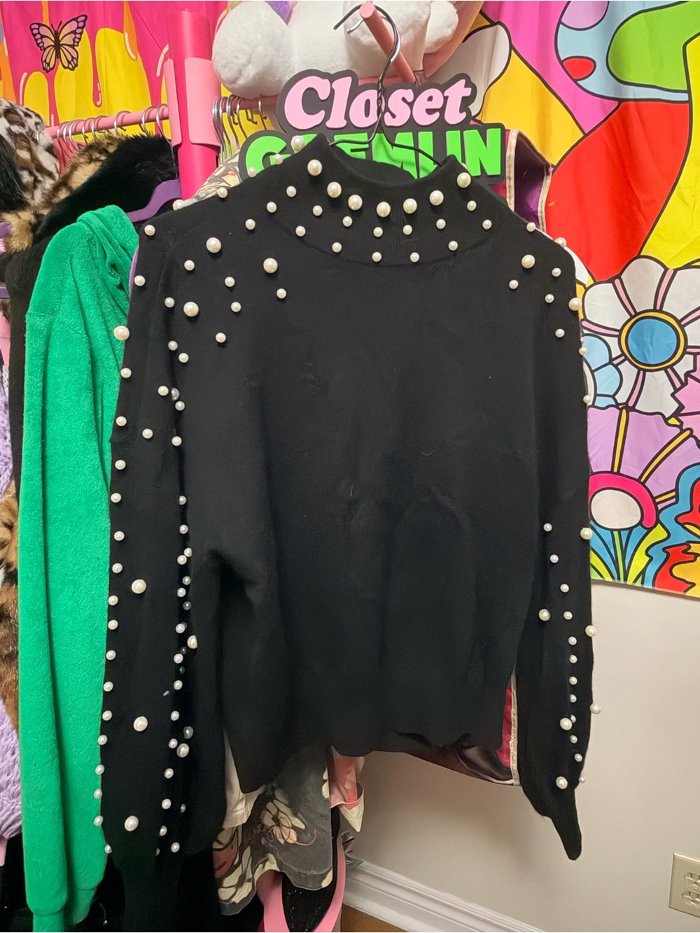 Charter Club Black Cashmere Mock Neck Sweater with Pearls